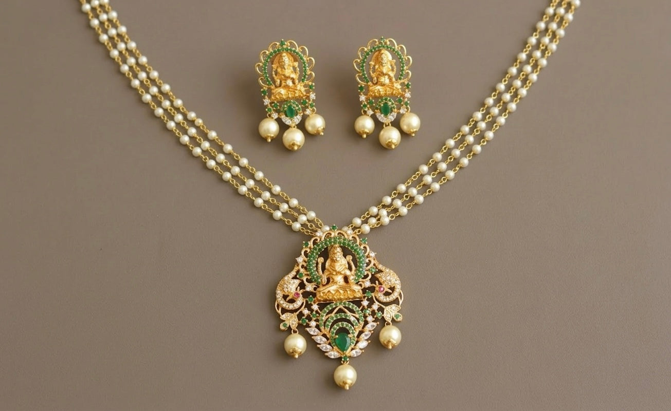 Gold tone Cz green Lakshmi necklace set dj-02133