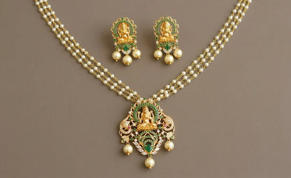 Gold tone Cz green Lakshmi necklace set dj-02133