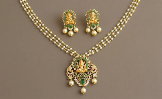 Gold tone Cz green Lakshmi necklace set dj-02133