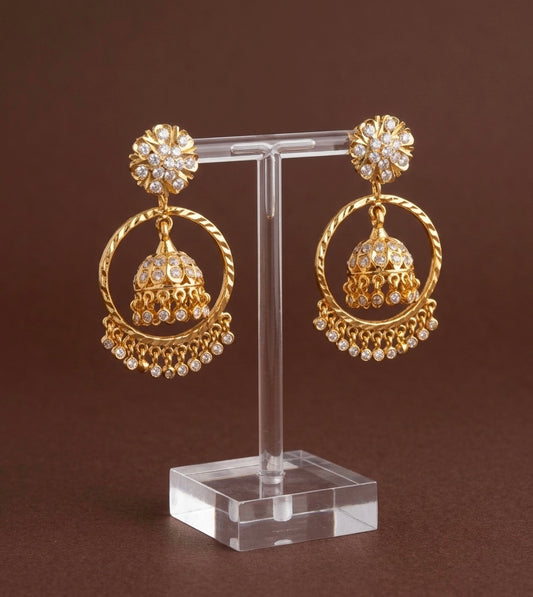 Gold tone south Indian style AD white stone bali jhumkka dj-54892