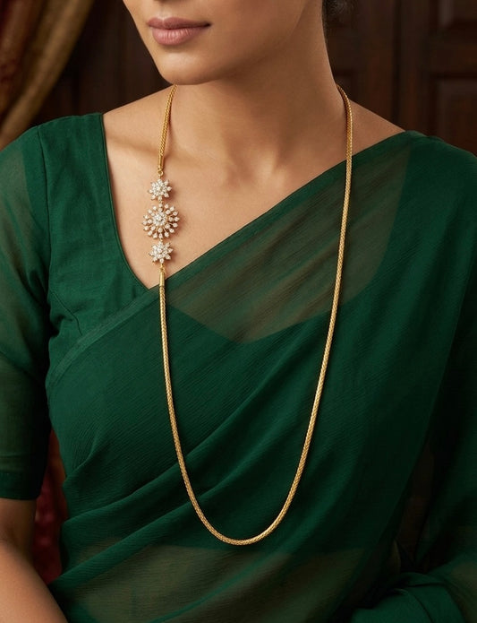 Gold tone white stone flower 30 inches mugappu chain dj-54419