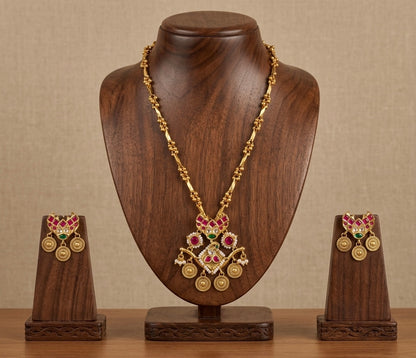 Antique gold tone Kundan jadau peacock pearl chain with pendant set dj-53854