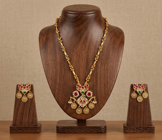 Antique gold tone Kundan jadau peacock pearl chain with pendant set dj-53854