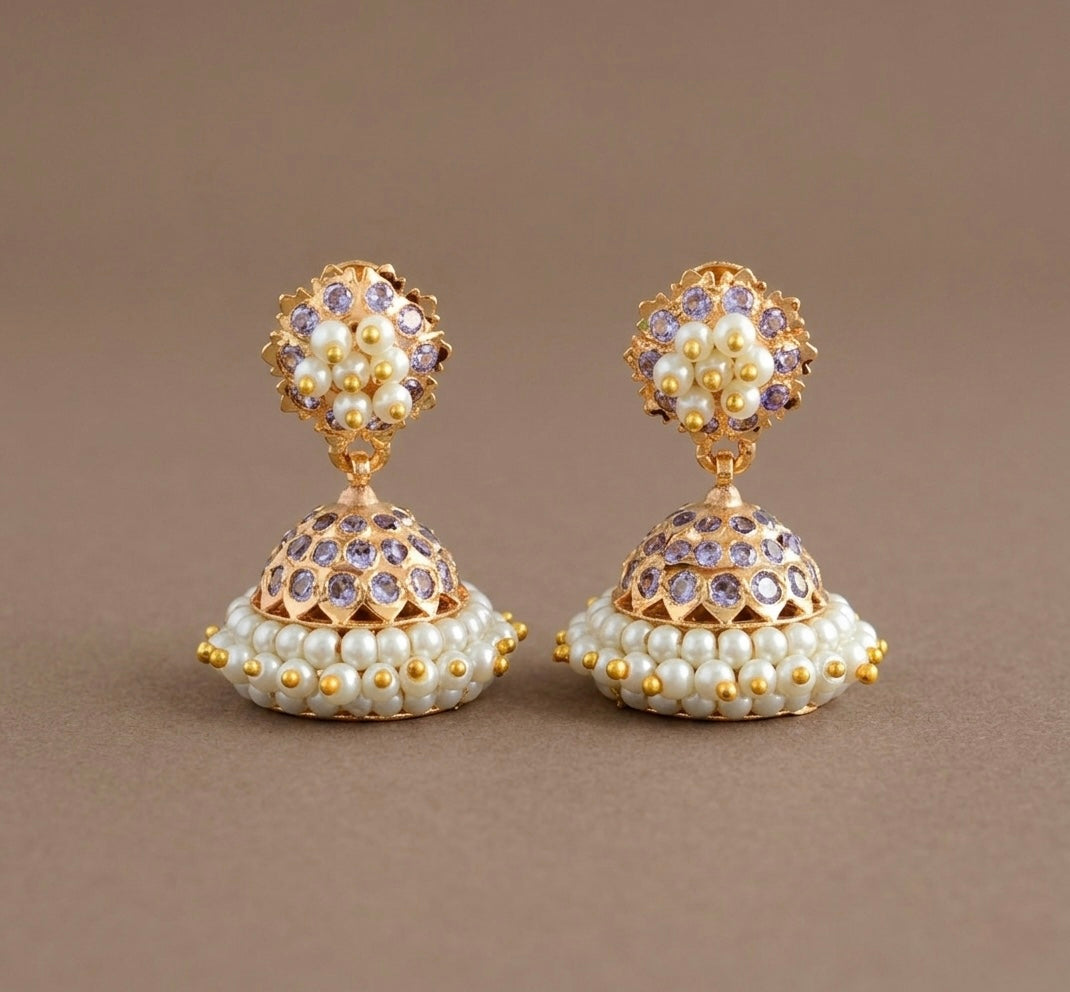 Gold tone South Indian style purple pearl jhumkka dj-43033