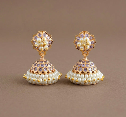 Gold tone South Indian style purple pearl jhumkka dj-43033