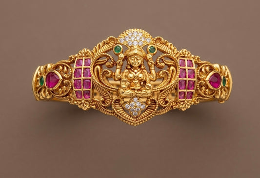 Antique gold tone pink-green-white lakshmi openable kada/bracelet dj-53974