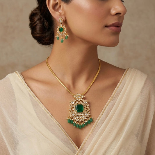 Gold tone white-green big stone green beaded necklace set dj-54437