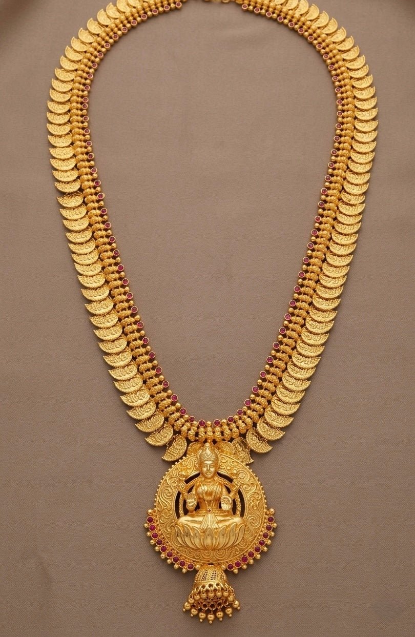 Gold tone pink stone lakshmi mango haar dj-53160