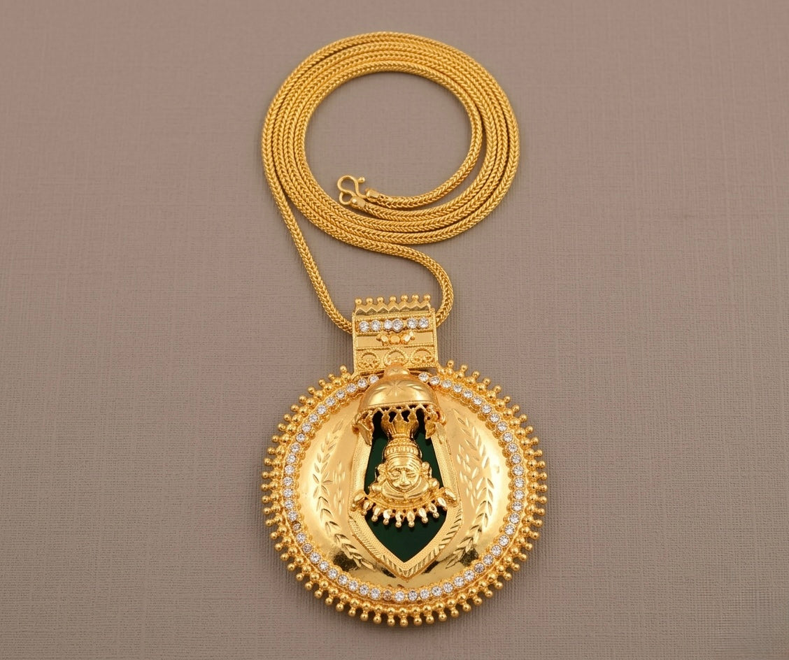 Gold tone white-green Nagapadam big round Lakshmi pendant with chain dj-30245