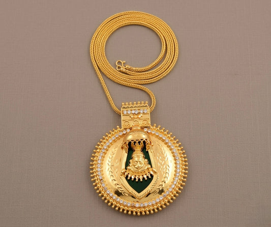 Gold tone white-green Nagapadam big round Lakshmi pendant with chain dj-30245
