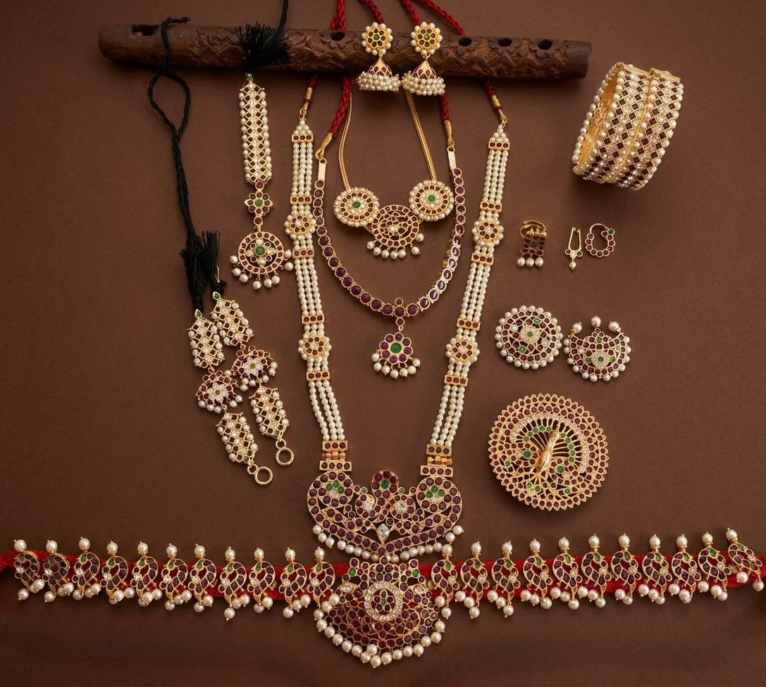 Gold tone precious kemp-green-white pearl peacock bridal set dj-53963