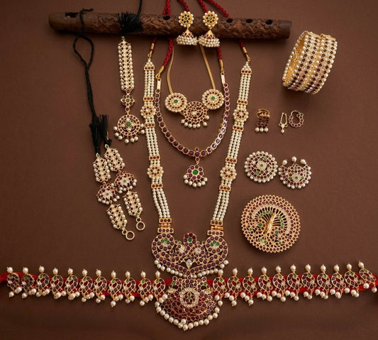 Gold tone precious kemp-green-white pearl peacock bridal set dj-53963