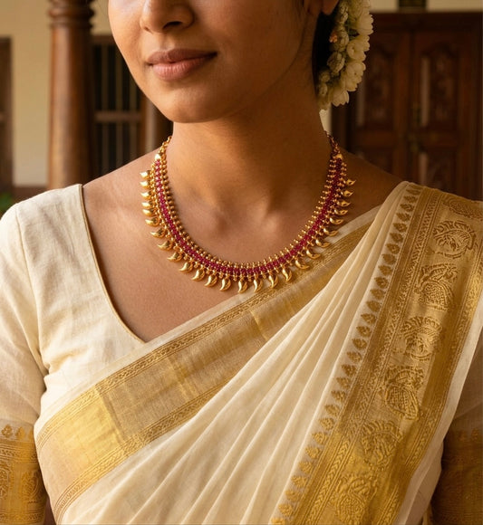 Gold tone pink stone kerala style mango necklace dj-53095