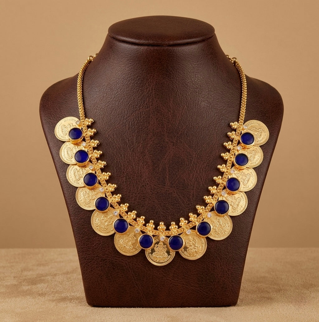 Gold tone kerala style blue-white round lakshmi coin necklace dj-53078