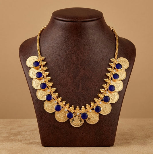 Gold tone kerala style blue-white round lakshmi coin necklace dj-53078