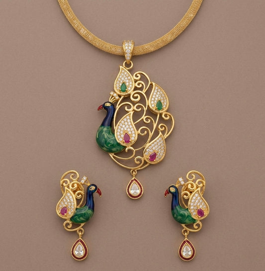 Gold tone cz ruby-green meenakari peacock necklace set-dj06064