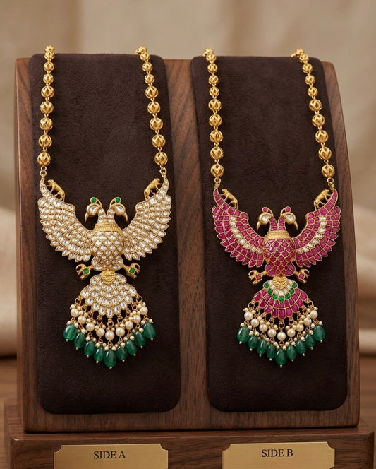 Gold tone pink-green-white kundan jadau gandaberunda reversible pendant,chain dj-53938