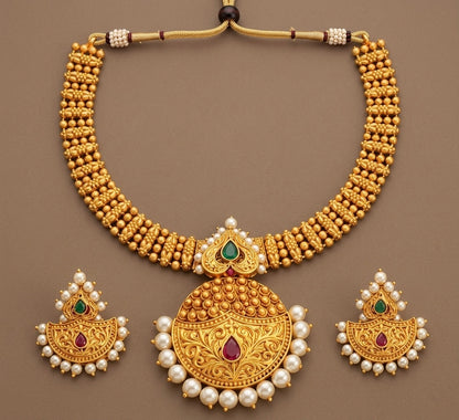 Matte Finish Ruby-emerald Pearl Necklace Set -dj09398