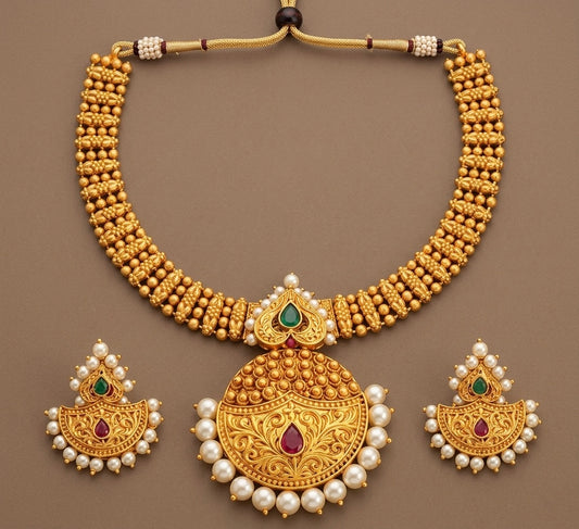 Matte Finish Ruby-emerald Pearl Necklace Set -dj09398