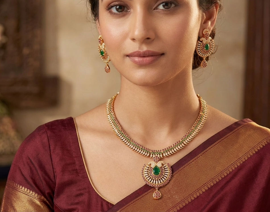 Gold tone cz-ruby-emerald necklace set dj-03231