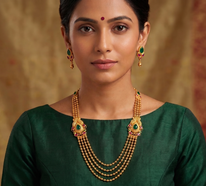 Gold tone multilayer ruby-emerald mugappu necklace set dj-03329