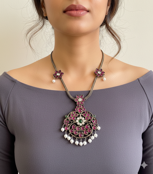 Black finish floral precious kemp necklace dj51029