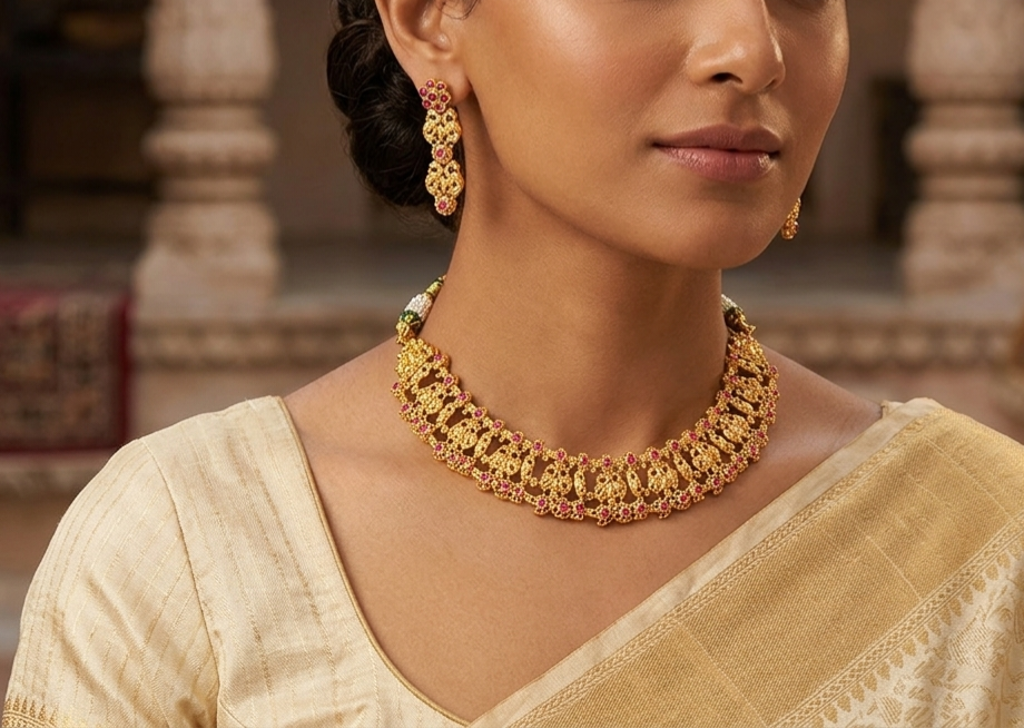 Gold tone ruby peacock necklace set dj-03248