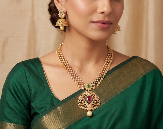 Gold tone cz-ruby-emerald necklace set dj-03286