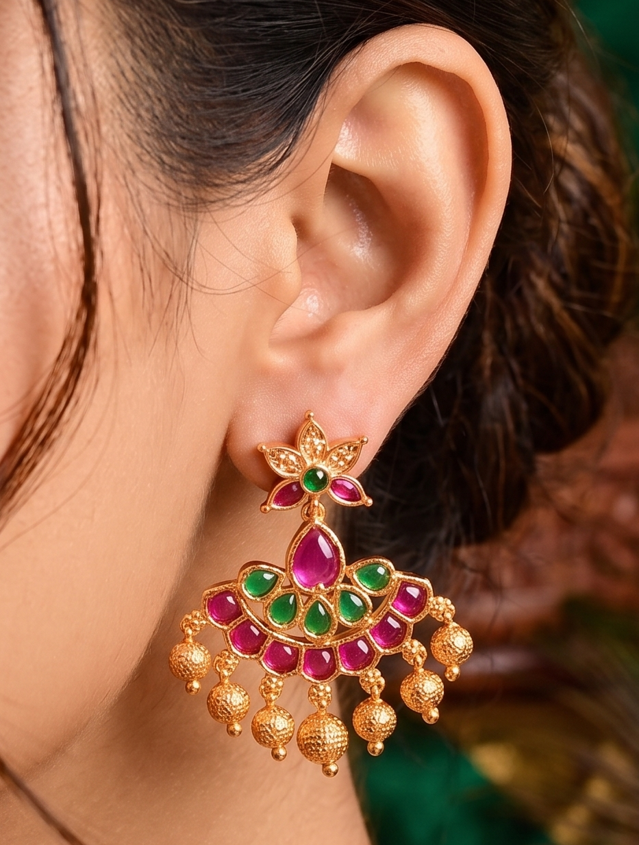 Gold Tone Cz Kemp-green Flower Bali Earrings DJ33371