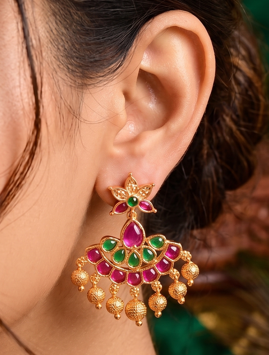 Gold Tone Cz Kemp-green Flower Bali Earrings DJ33371