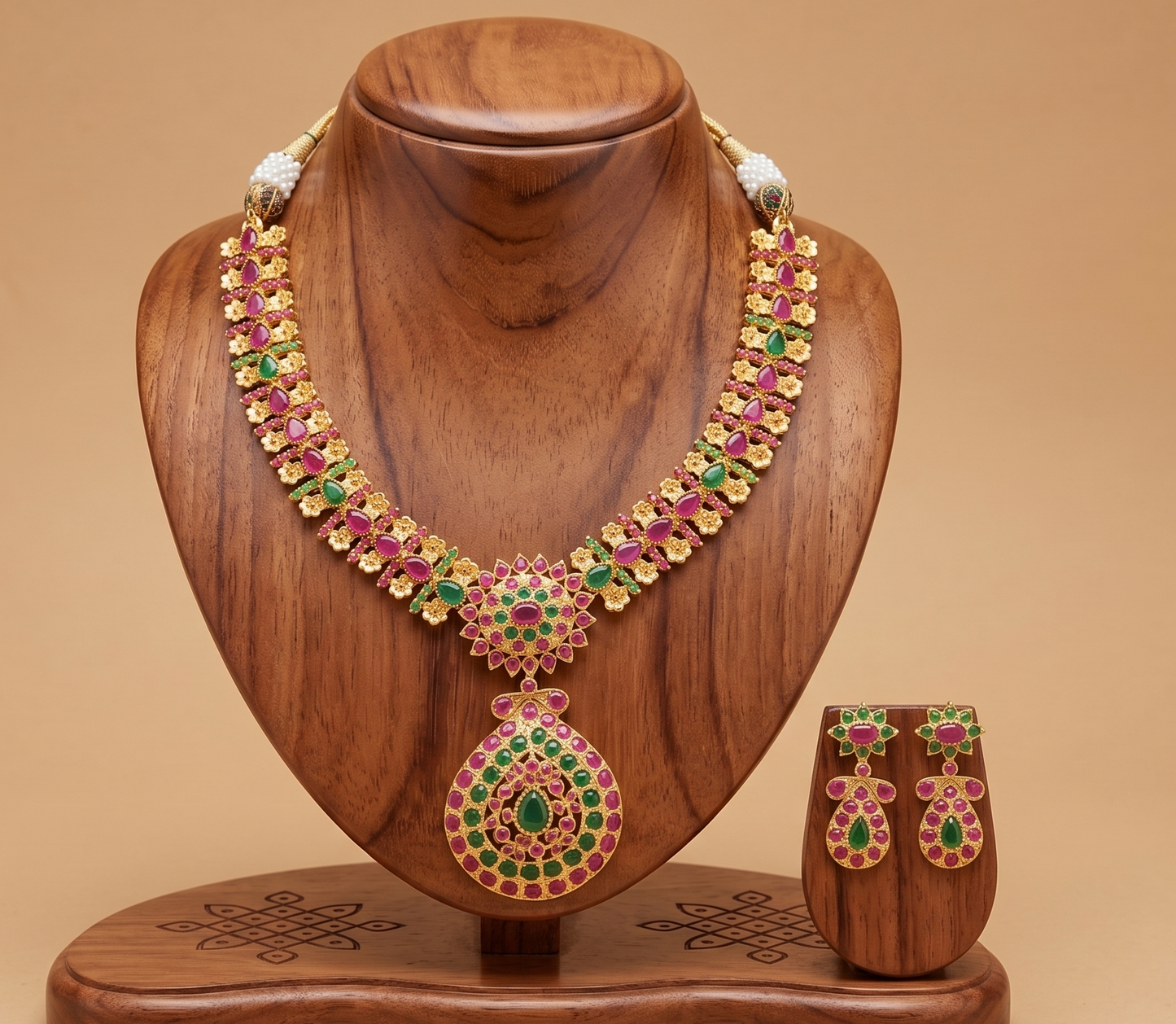 Gold tone ruby-emerald flower necklace set dj-02008