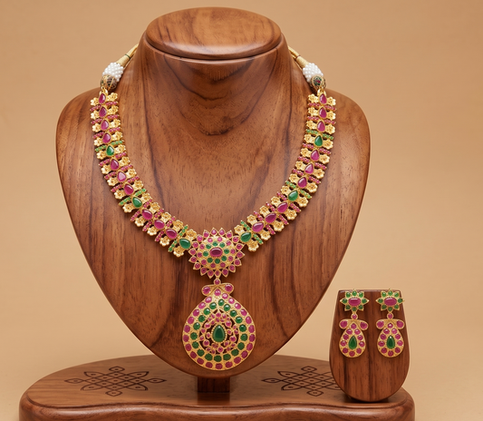 Gold tone ruby-emerald flower necklace set dj-02008