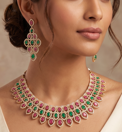 Gold Tone Cz Ruby-green Peacock Necklace Set DJ28643