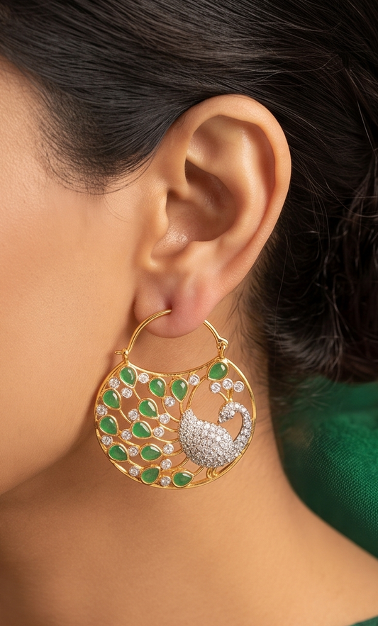 Gold tone cz emerald peacock bali hoop earrings DJ04254