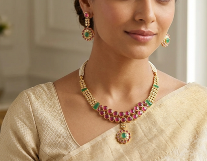 Gold tone semiprecious ruby-emerald necklace set dj-03169