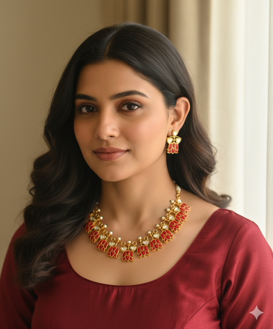 Gold tone coral-white kundan jadau lotus necklace set dj-51543