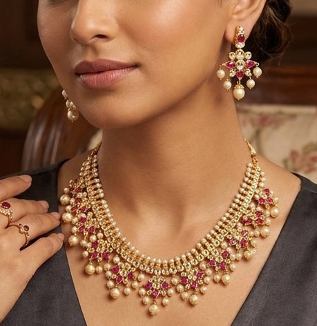Gold tone pearl ruby gutta pusalu necklace set-dj05054