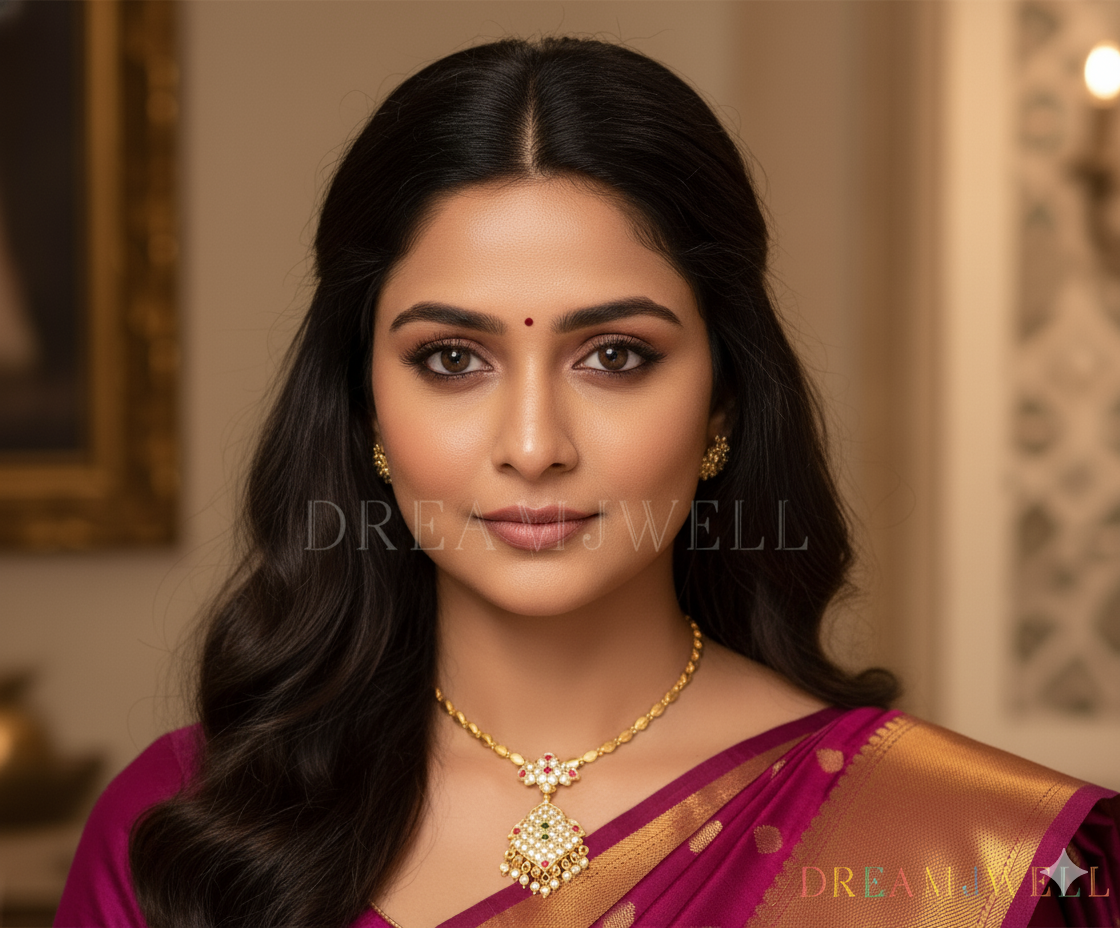 Gold tone pink-green-white south Indian style Necklace dj-36530