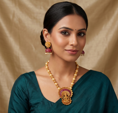 Matte finish ruby pearl beaded Lakshmi necklace set dj-03241