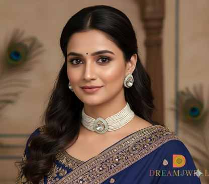 Two tone cz white kundan choker necklace set dj-36896