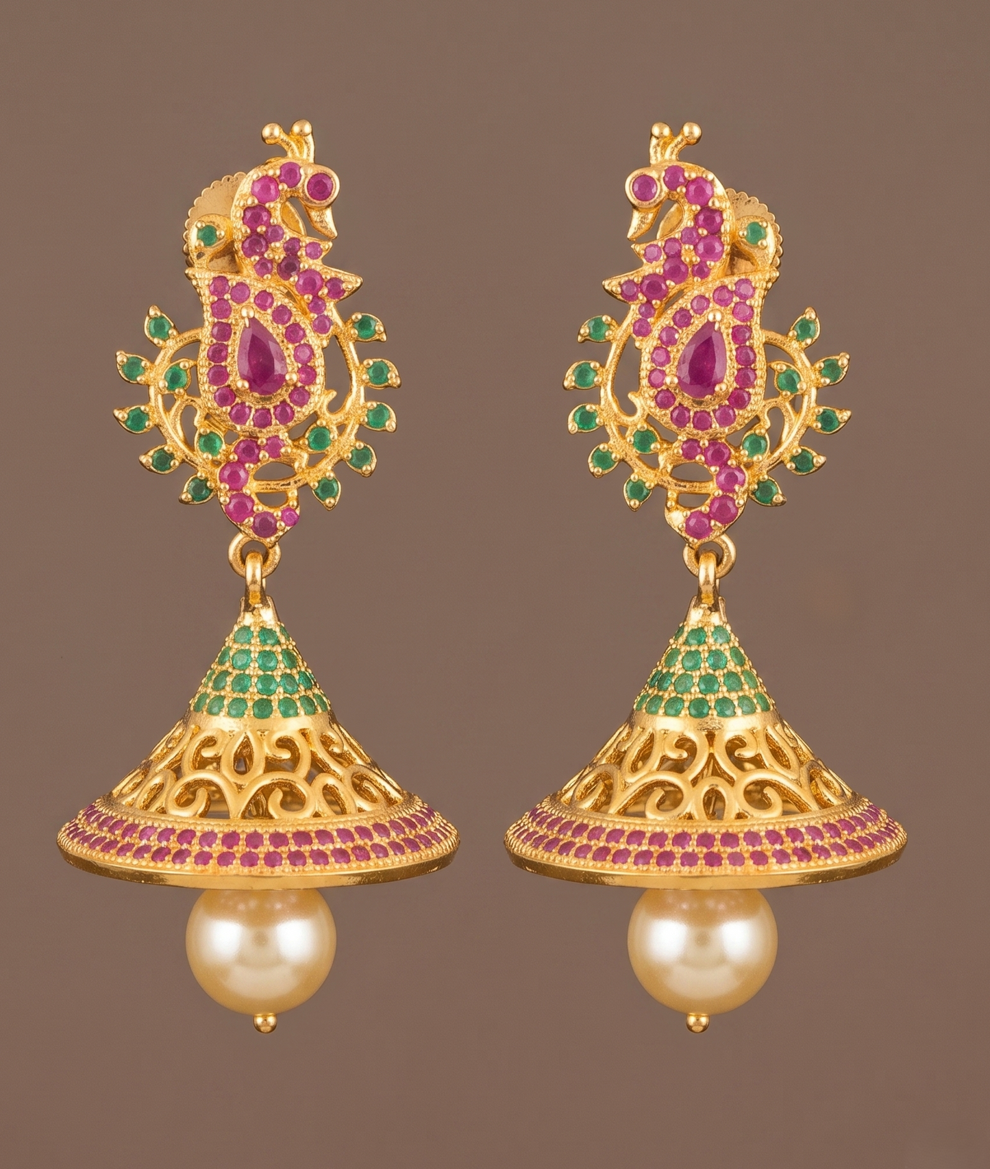 Gold tone Cz-ruby-emerald Peacock Jhumkka-dj02823