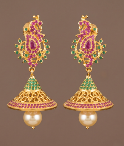 Gold tone Cz-ruby-emerald Peacock Jhumkka-dj02823