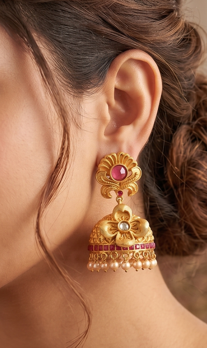 Matte Finish Ruby Flower Jhumkka -dj04131