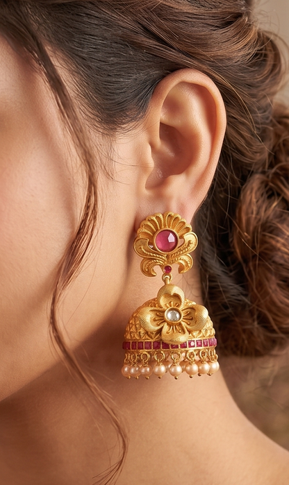 Matte Finish Ruby Flower Jhumkka -dj04131