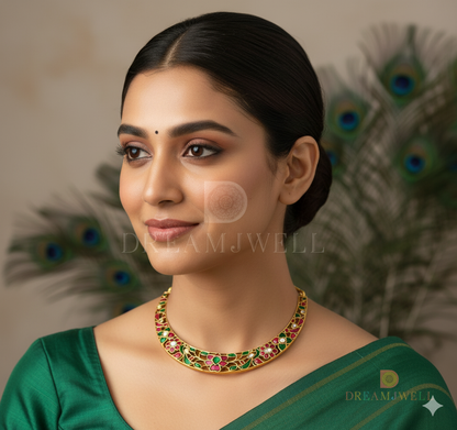 Matte finish pink-green-white kundan jadau Lotus kante necklace dj-36682