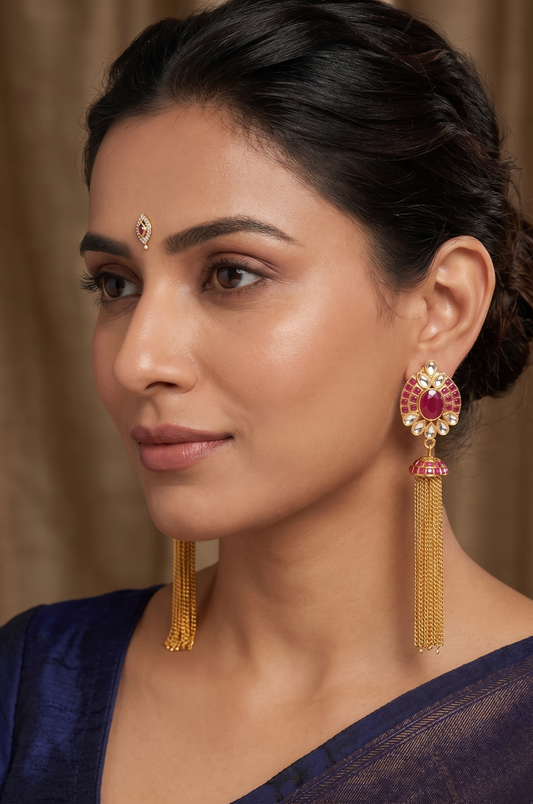 Antique gold tone ruby long earrings dj-03340