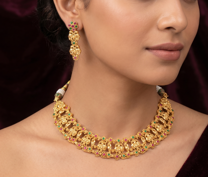 Gold tone ruby-emerald peacock necklace set dj-03249