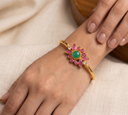 Gold tone uncut ruby-emerald Kada dj-03275
