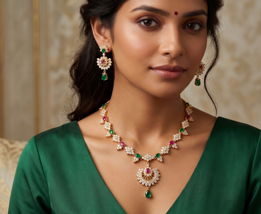 Gold tone cz ruby-emerald necklace set dj-03366