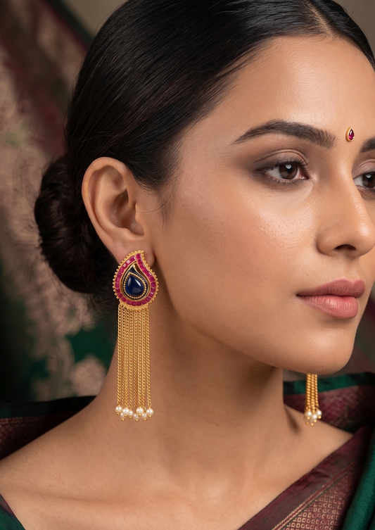 Antique gold tone ruby-blue mango earrings dj-03345